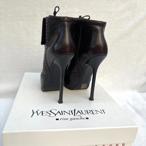 Auc YSL Tribtoo Brown Leather Platform Ankle Booties Boot 7,5 - Picture 5 of 14